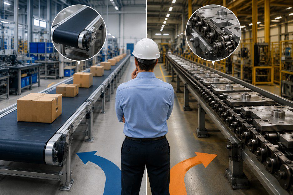 Plant engineer weighing a belt conveyor line against a chain conveyor line on a factory floor