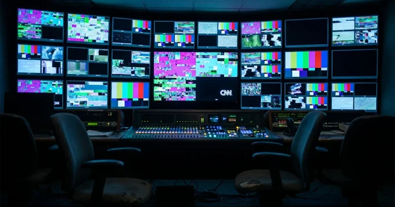 A darkened broadcast master control room where every monitor on the wall shows pixelated digital corruption, with one central screen dark except for a CNN logo