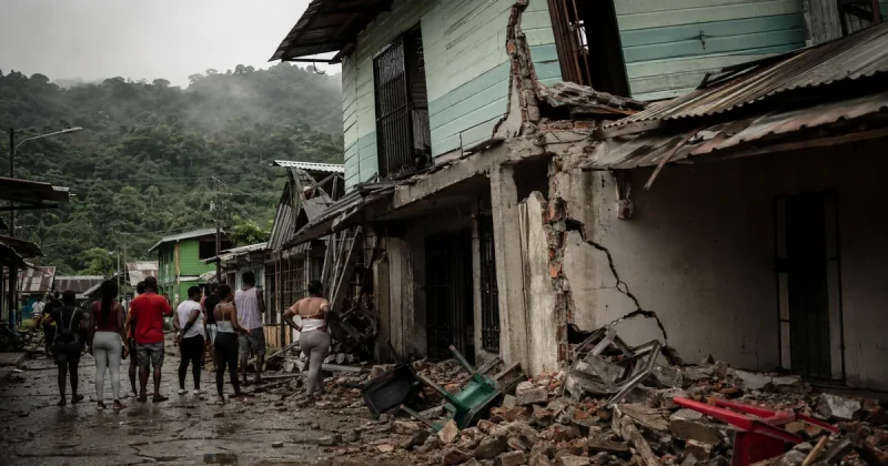Residents stand in a wet street looking at a cracked and partly collapsed two-story building with rubble and broken furniture spilled across the pavement, jungle hillsides behind the rooftops