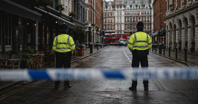 Two Metropolitan Police officers in high-visibility jackets and custodian helmets stand with their backs to the camera behind blue and white police cordon tape stretched across a wet central London street lined with cafe seating, a red double-decker bus at the junction beyond