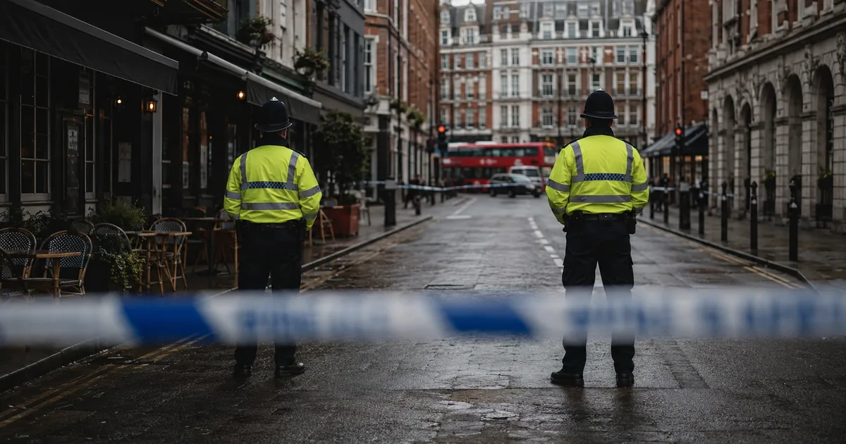 Two Metropolitan Police officers in high-visibility jackets and custodian helmets stand with their backs to the camera behind blue and white police cordon tape stretched across a wet central London street lined with cafe seating, a red double-decker bus at the junction beyond