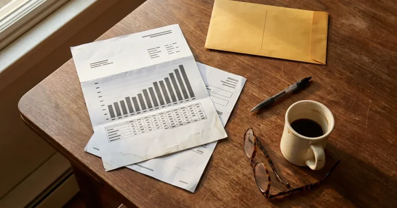 An opened household electricity statement showing a bar chart of rising monthly charges lies on a scratched wooden kitchen table beside a pen, reading glasses, a mug of coffee and a sealed envelope