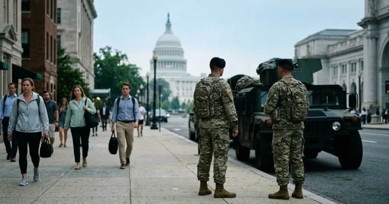 Two National Guard soldiers in camouflage standing beside a tactical vehicle on a Washington DC sidewalk while commuters walk past without looking, US Capitol dome in the background