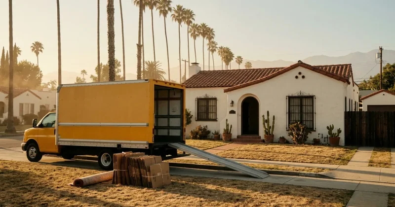 A yellow rental moving truck with its ramp down sits outside an empty white stucco Spanish Colonial bungalow, stacked cardboard boxes on the dry lawn and tall palms lining the LA street