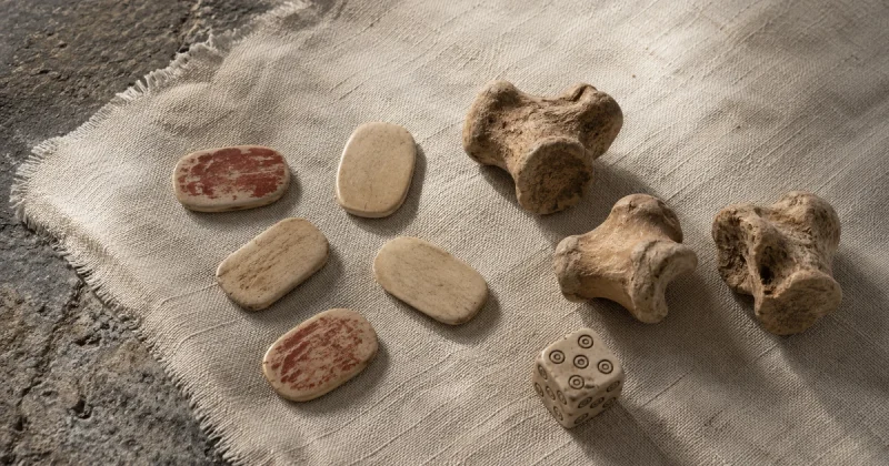 Ancient bone gaming pieces, ochre-marked binary lots, knucklebones and a carved die on linen