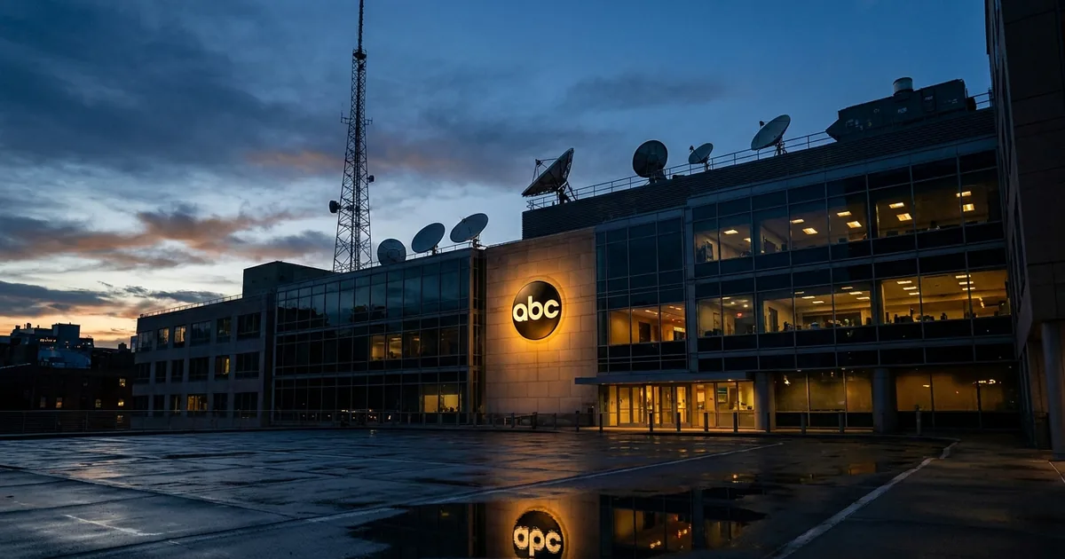 An ABC television network logo glows on the facade of a broadcast center at dusk, with a transmission mast and satellite dishes on the roof