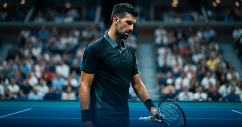 Novak Djokovic stands alone on a blue hard court at night, head bowed and racket hanging at his side, with a blurred stadium crowd behind him