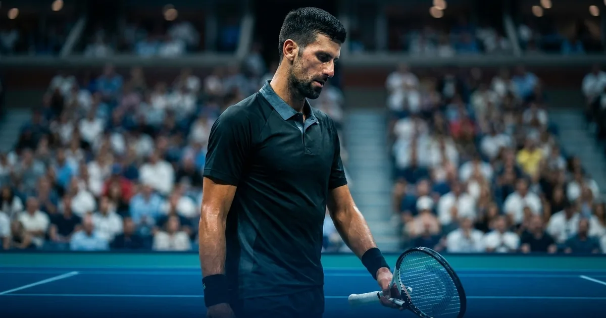Novak Djokovic stands alone on a blue hard court at night, head bowed and racket hanging at his side, with a blurred stadium crowd behind him