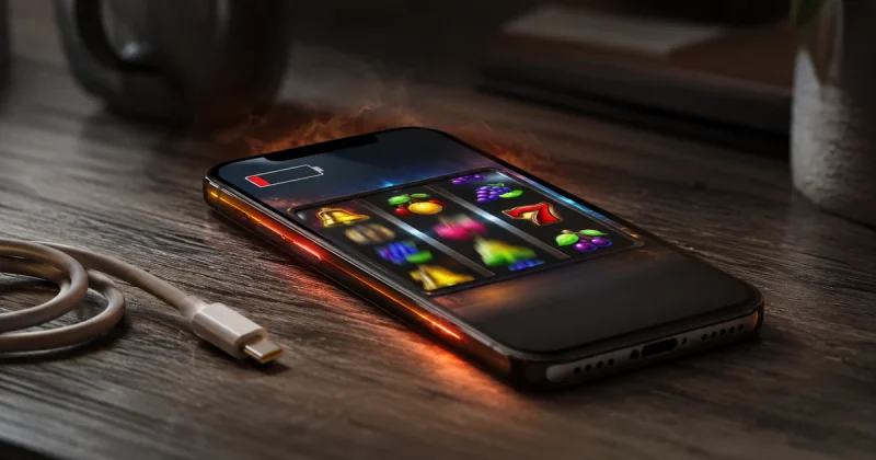 Smartphone on a desk running an animated slot game with a low battery indicator