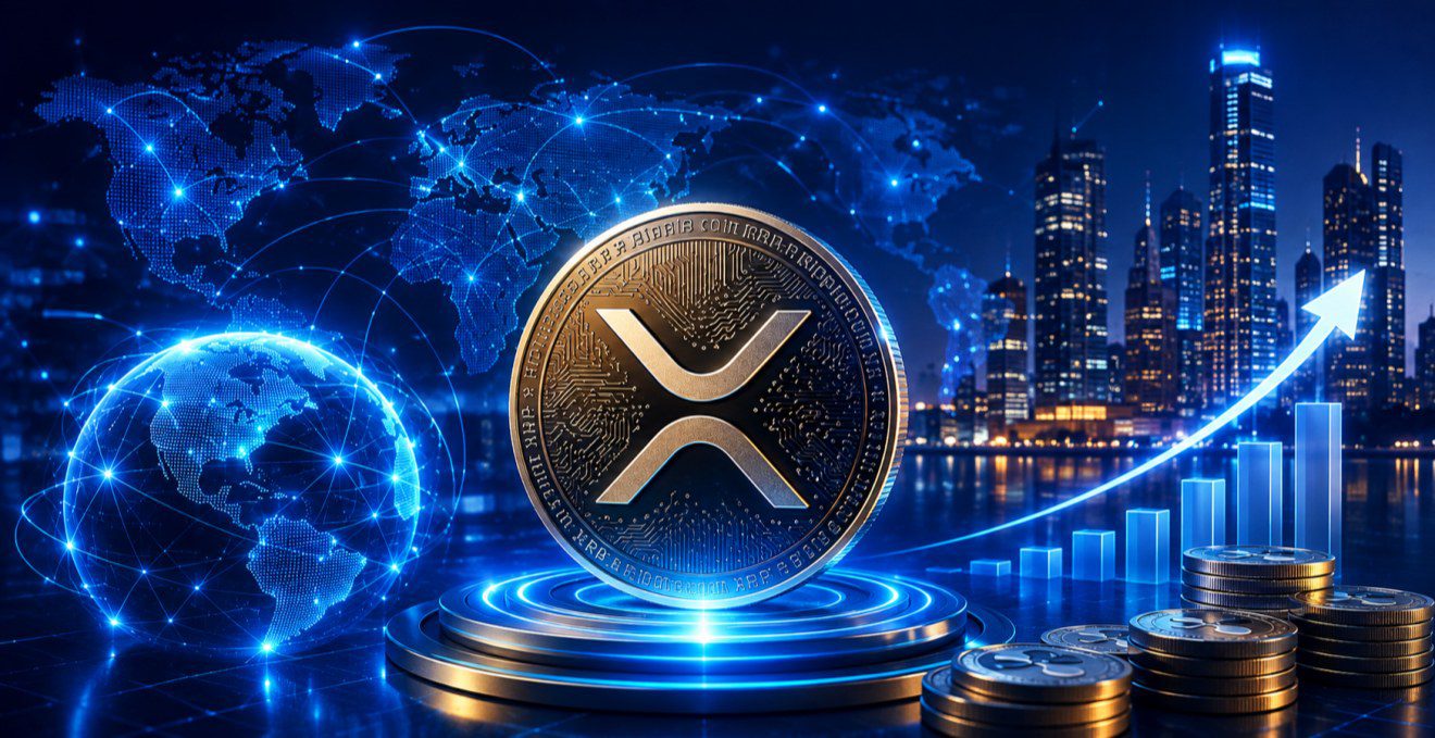 XRP coin on a podium in front of a digital globe and rising chart