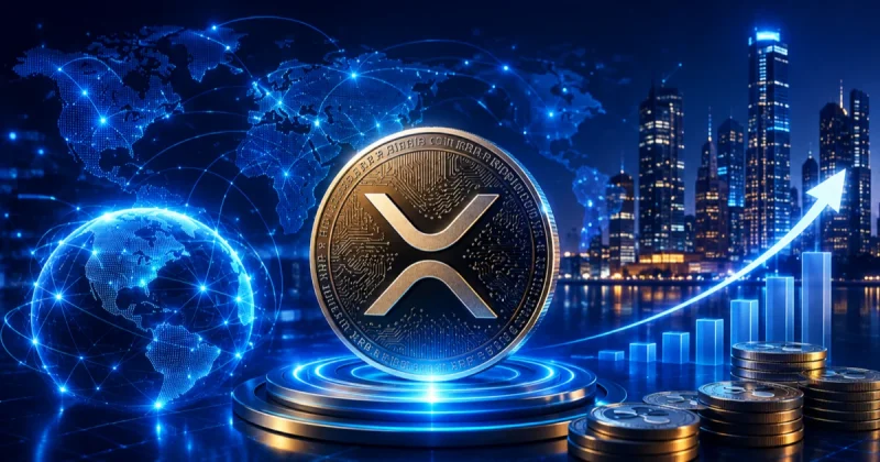 XRP coin on a podium in front of a digital globe and rising chart