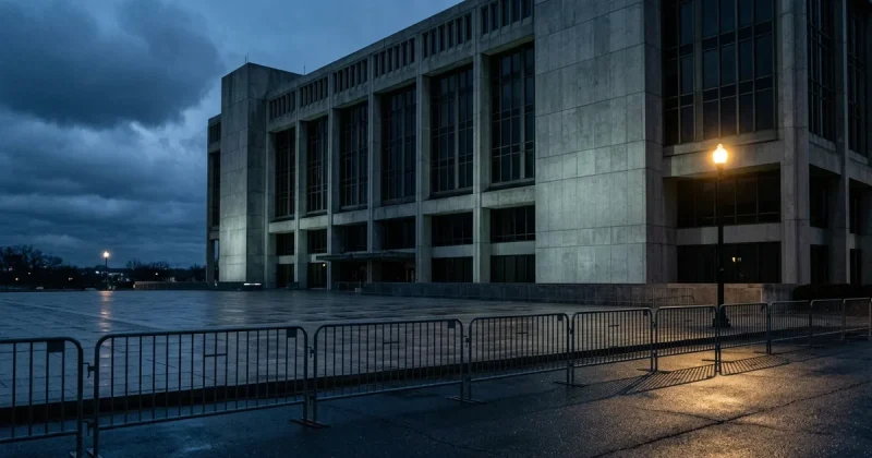 Metal crowd-control barriers standing empty on a wet plaza in front of a large concrete federal government building at dusk