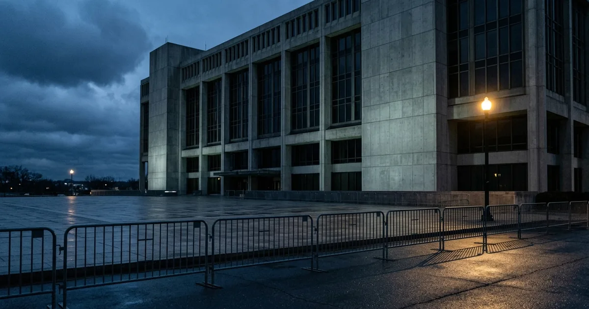 Metal crowd-control barriers standing empty on a wet plaza in front of a large concrete federal government building at dusk