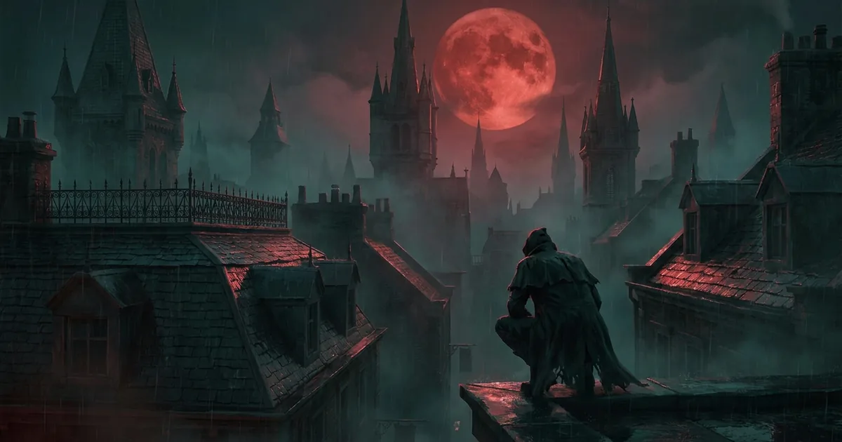 A hooded figure crouches on a wet rooftop overlooking a foggy Victorian gothic city of spires beneath a large red blood moon