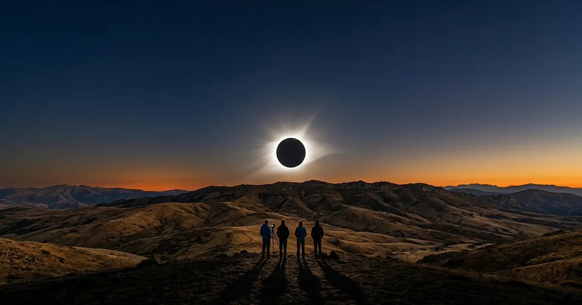 A total solar eclipse with a white corona hanging just above a ridgeline of golden hills at dusk, four silhouetted people watching from a hilltop with a tripod
