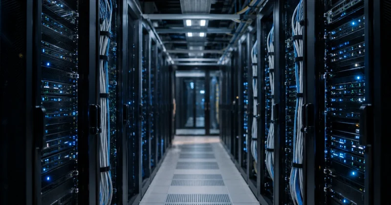 Corridor of server racks with fibre-optic cabling in a corporate data centre