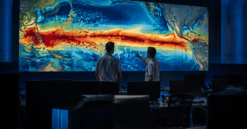 Two forecasters stand in a dim operations center watching a wall of monitors showing a Pacific sea surface temperature map with a deep red band of warm water stretching along the equator, rows of empty workstations in front of them