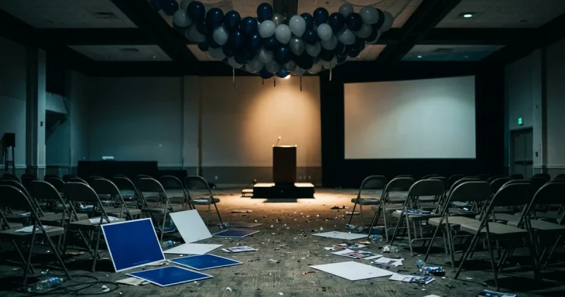 A near-empty campaign ballroom in the early morning with folding chairs, scattered blank placards on the floor and a bare lectern under a single spotlight