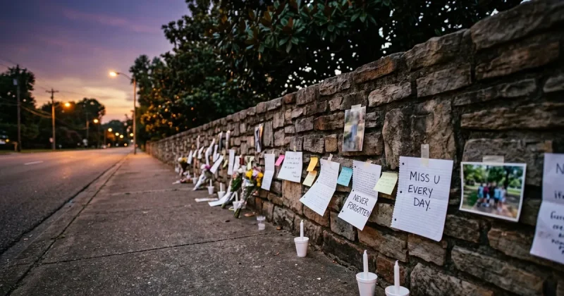 Handwritten notes, photographs, flowers and unlit candles left along a low fieldstone wall on a Memphis boulevard at purple twilight, streetlights coming on behind magnolia trees