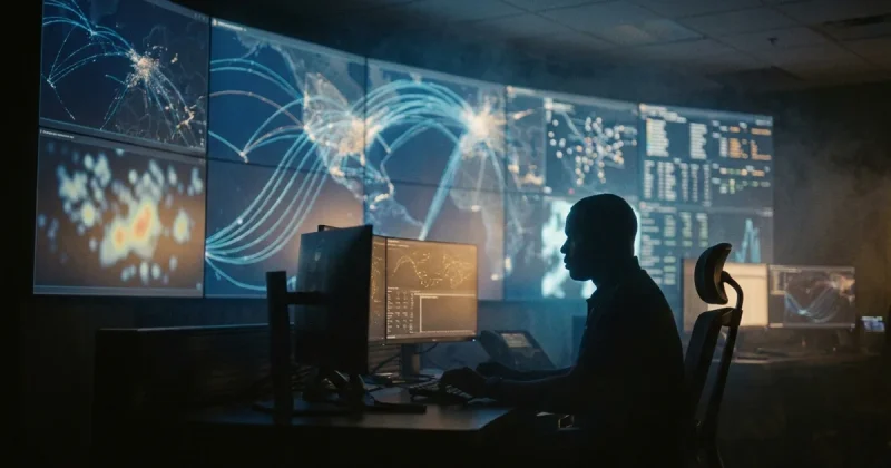 A dispatcher sits backlit at a desk in a darkened airline operations center, facing a wall of screens showing glowing route lines and weather patterns