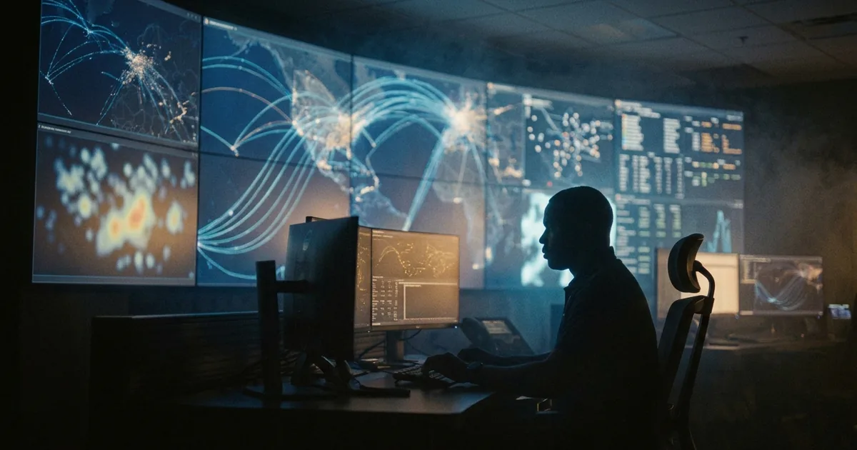 A dispatcher sits backlit at a desk in a darkened airline operations center, facing a wall of screens showing glowing route lines and weather patterns