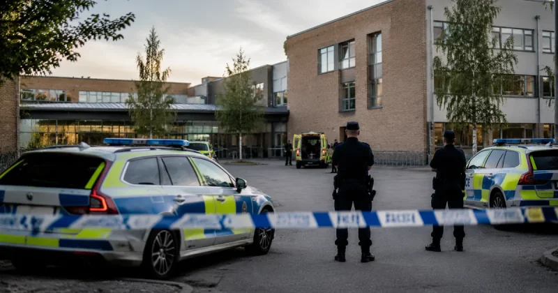 Uniformed police officers stand behind blue and white cordon tape in front of a brick Nordic secondary school building, with marked police cars and an ambulance parked in the forecourt