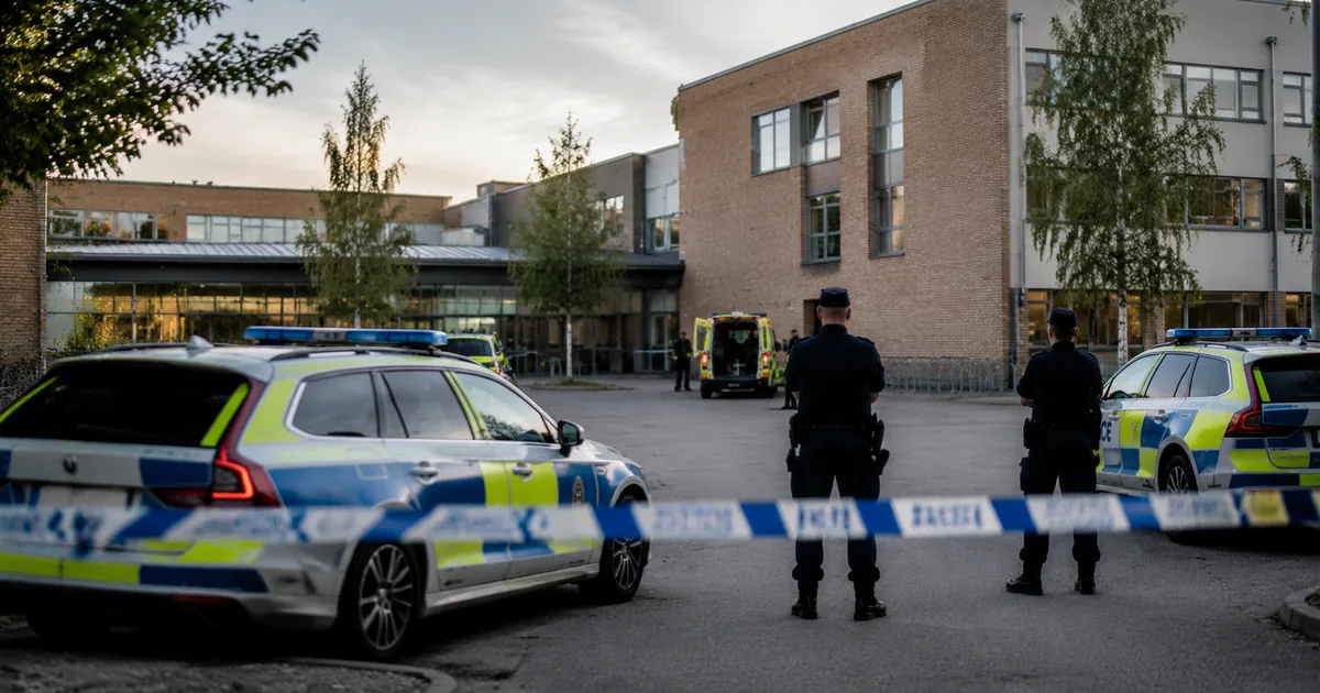 Uniformed police officers stand behind blue and white cordon tape in front of a brick Nordic secondary school building, with marked police cars and an ambulance parked in the forecourt