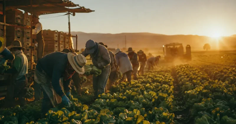 A crew of farmworkers in wide-brim hats and long sleeves bent over rows of lettuce at sunrise, stacked produce crates and a harvest rig behind them
