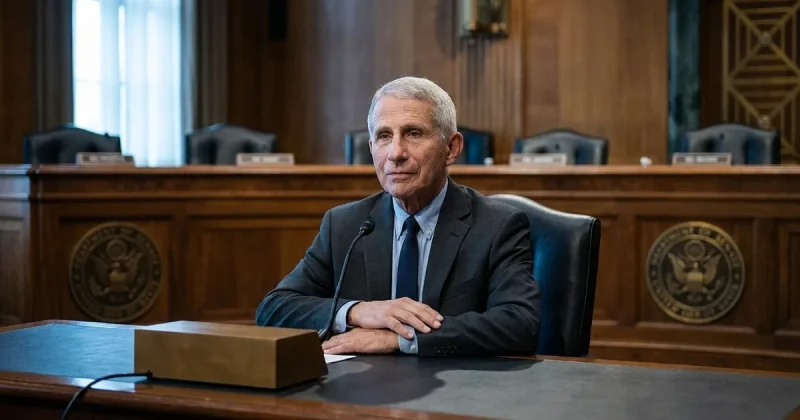 A man in a grey suit sits alone at a witness table facing an empty Senate committee dais