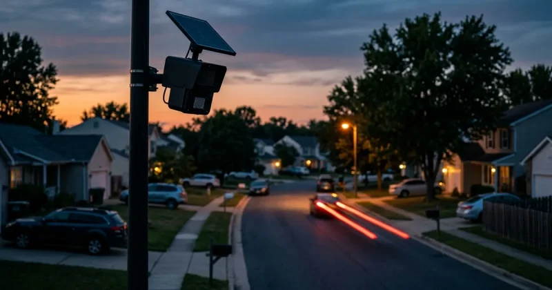 A pole-mounted automated license plate reader camera with a small solar panel overlooking a quiet suburban street at dusk, a car's tail lights streaking past parked cars and houses