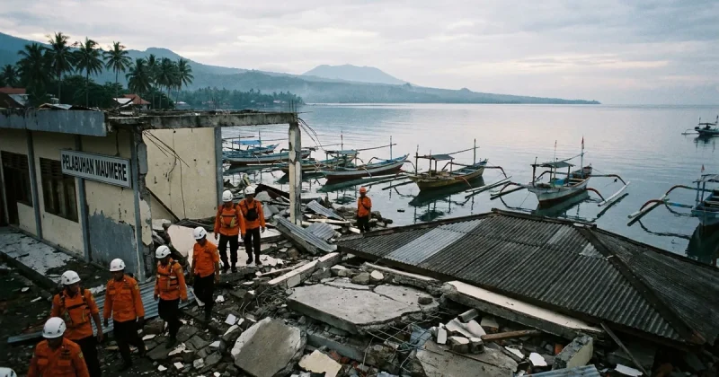Rescue workers in orange uniforms and white helmets pick through the rubble of a collapsed port terminal building in Maumere, with undamaged fishing boats floating on calm water behind them