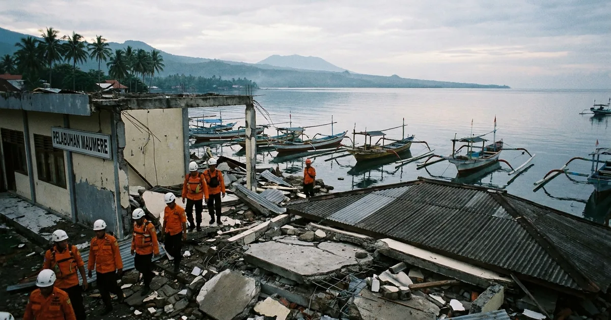 Rescue workers in orange uniforms and white helmets pick through the rubble of a collapsed port terminal building in Maumere, with undamaged fishing boats floating on calm water behind them