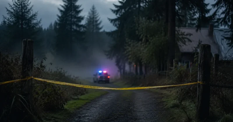 Yellow sheriff's crime scene tape strung between wooden fence posts across a gravel lane in dense evergreen forest at dawn, with a patrol vehicle's emergency lights glowing in low fog further down the road