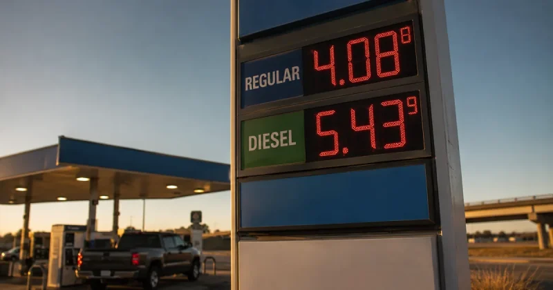A highway gas station price totem at dusk displaying regular gasoline at 4.08 and diesel at 5.43 per gallon, with a pickup truck refueling under the canopy behind it