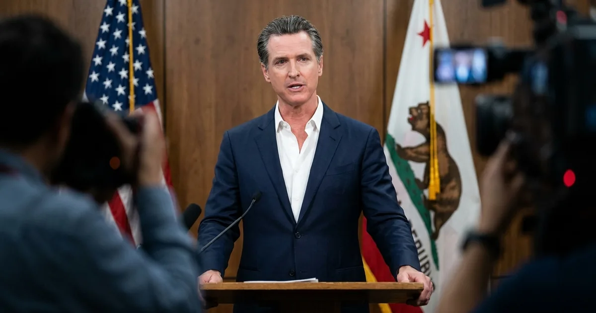 Dark-haired man in a navy suit with an open-collar white shirt speaks at a wooden lectern in a wood-panelled press room, blurred cameras and microphones in the foreground