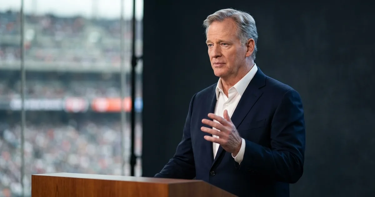 A silver-haired man in a navy suit gestures mid-answer at a press lectern with a blurred stadium bowl visible through a window behind him