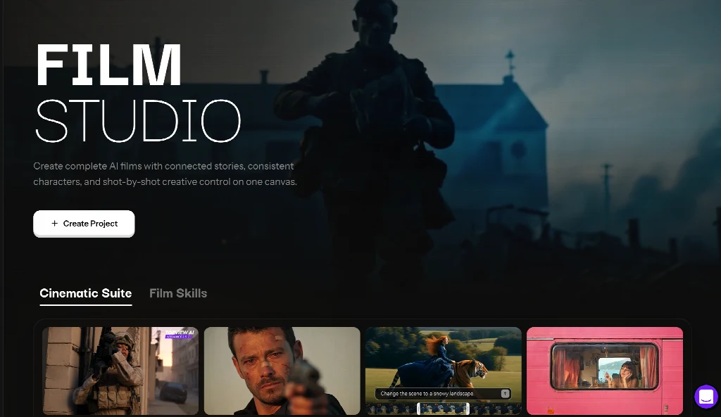Topview Film Studio workspace showing a cinematic suite with connected story scenes and shot-by-shot control