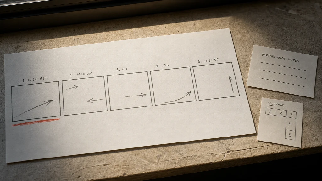 Hand-drawn storyboard strip of five shots with coverage grid and performance notes cards on a desk