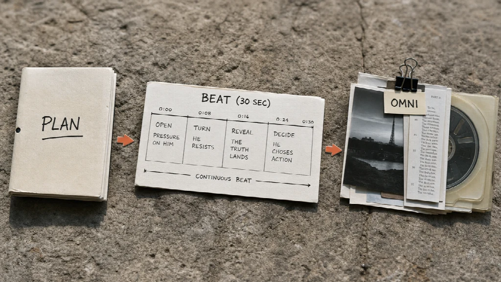 Hand-drawn workflow showing a plan notebook, a thirty second beat timeline, and an omni-reference pack of photos, text and audio