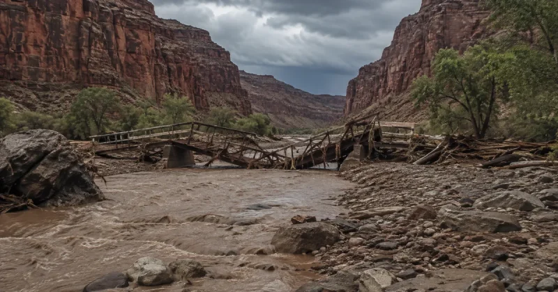 A collapsed timber and steel footbridge lies twisted across a silt-brown creek choked with boulders and flood debris, between steep layered canyon walls under storm clouds.