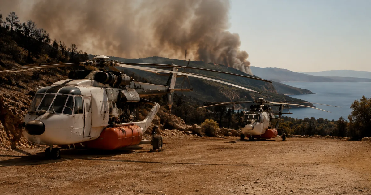 Two heavy firefighting helicopters with orange belly tanks parked on a dirt staging strip in dry Greek hills, rotors stopped, as a column of wildfire smoke rises over pine ridges above the sea behind them