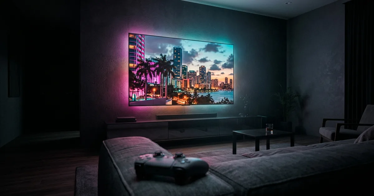 A large wall-mounted television glowing with a neon pink and teal coastal city skyline at dusk, lighting a dark living room with a game controller resting on the sofa