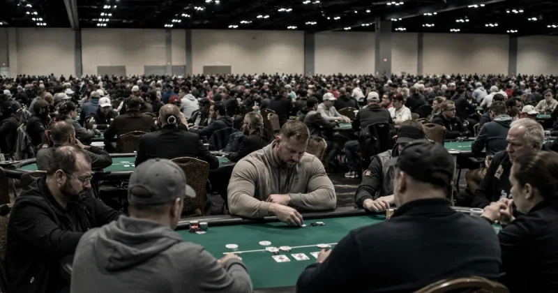 Players seated at green-felt poker tables filling a large convention hall