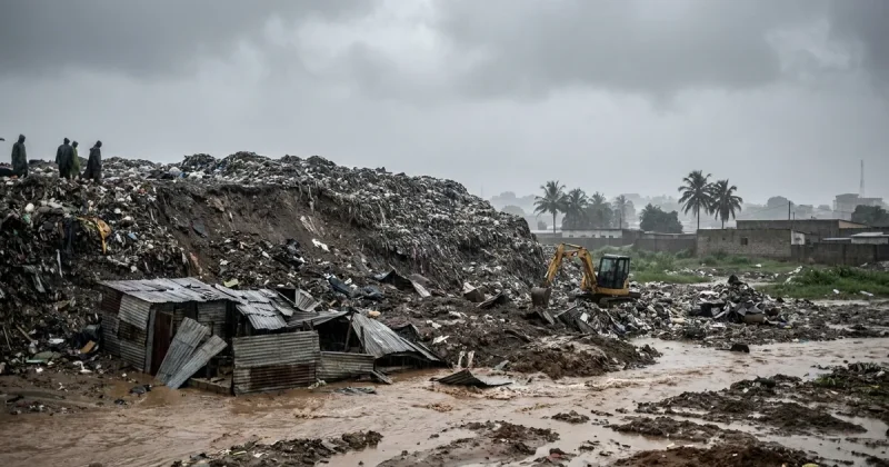 A fresh landslide scar down the flank of a large municipal refuse mountain, with crushed corrugated-metal shacks and brown floodwater at its base and a yellow excavator working the debris under heavy grey cloud.