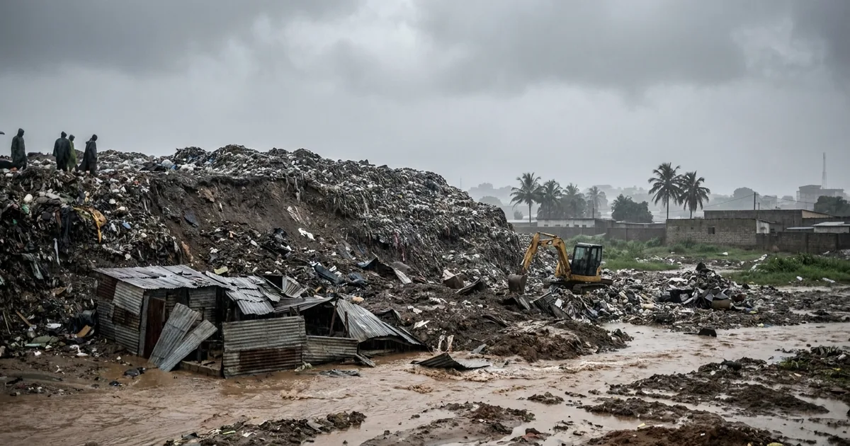 A fresh landslide scar down the flank of a large municipal refuse mountain, with crushed corrugated-metal shacks and brown floodwater at its base and a yellow excavator working the debris under heavy grey cloud.
