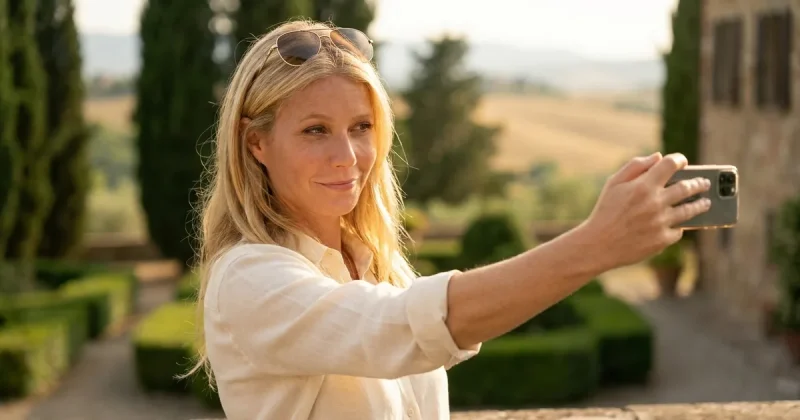 Blonde woman in a cream linen shirt with gold aviator sunglasses on her head, holding a phone at arm's length to film herself on a sunlit stone terrace above a Tuscan hillside
