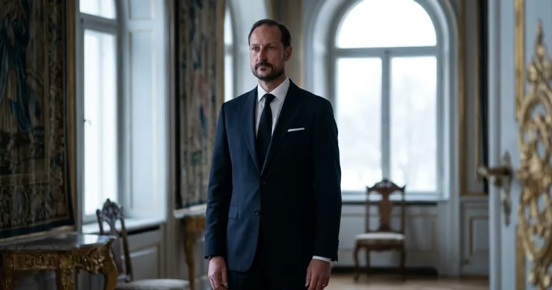 A man in a dark navy suit and black tie stands alone in a gilded palace room with tall arched windows and an empty carved chair behind him