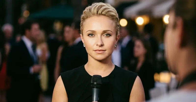 A blonde actress in a simple black dress looks directly at the camera against warm blurred venue lighting