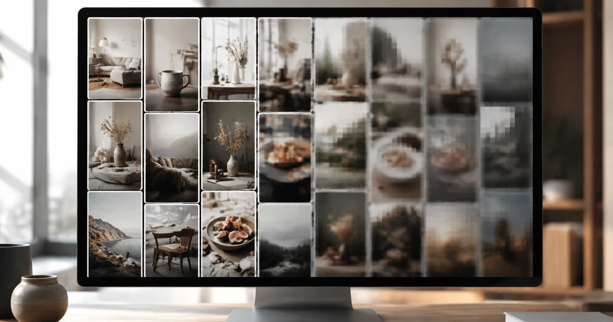 A pinboard-style grid of photos on a monitor, sharp on the left and increasingly pixelated toward the right