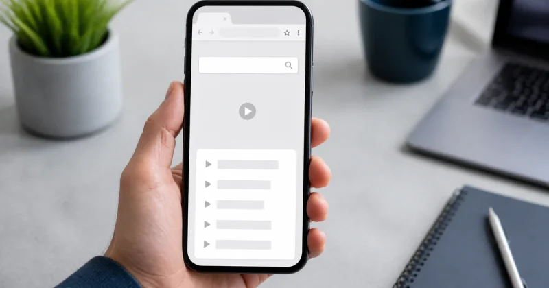 A hand holds a smartphone showing a mobile browser with a search box and a list of video download options